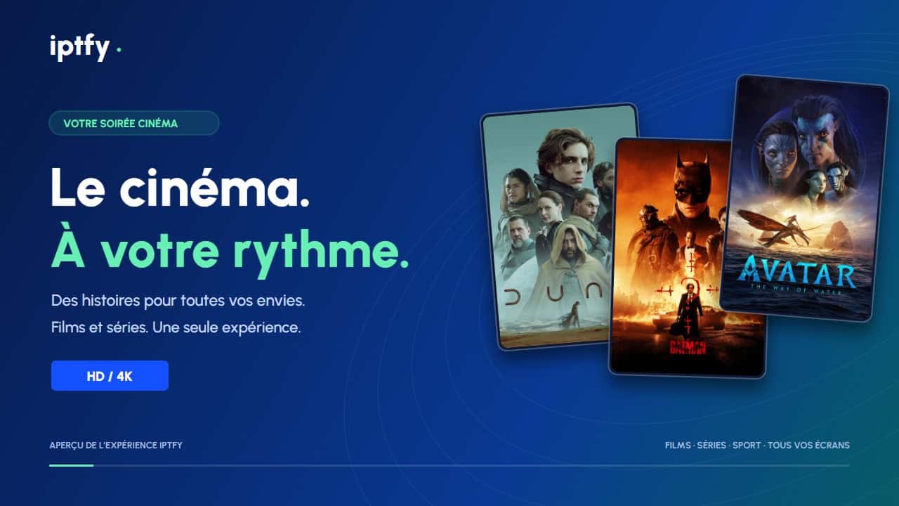 Interface de streaming IPTFY affichant des affiches de films sur un téléviseur