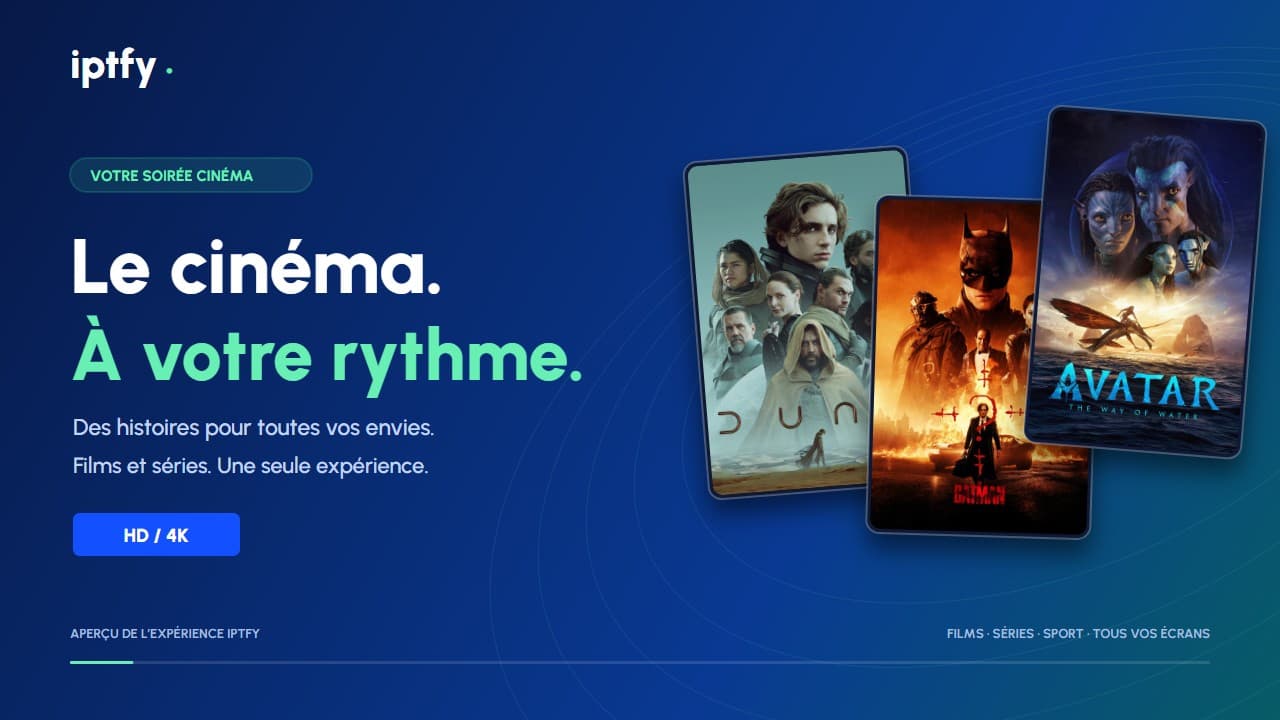 Interface de streaming IPTFY affichant des affiches de films sur un téléviseur
